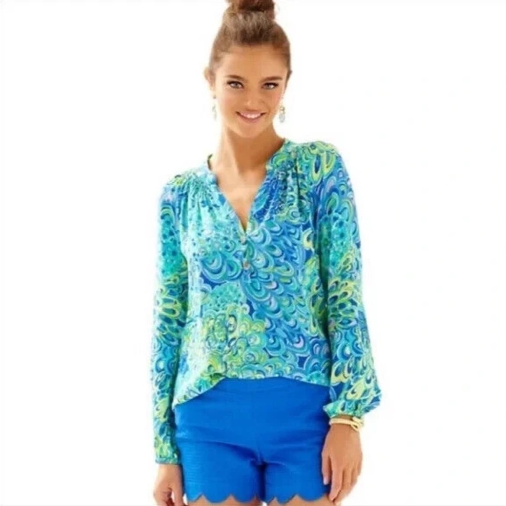 Lilly Pulitzer Elsa Silk Blouse Lilly's Lagoon or "Peacock" print size XS